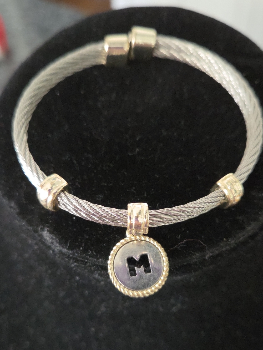 Two-Tone Initial M Cable Bracelet in Silver and Gold